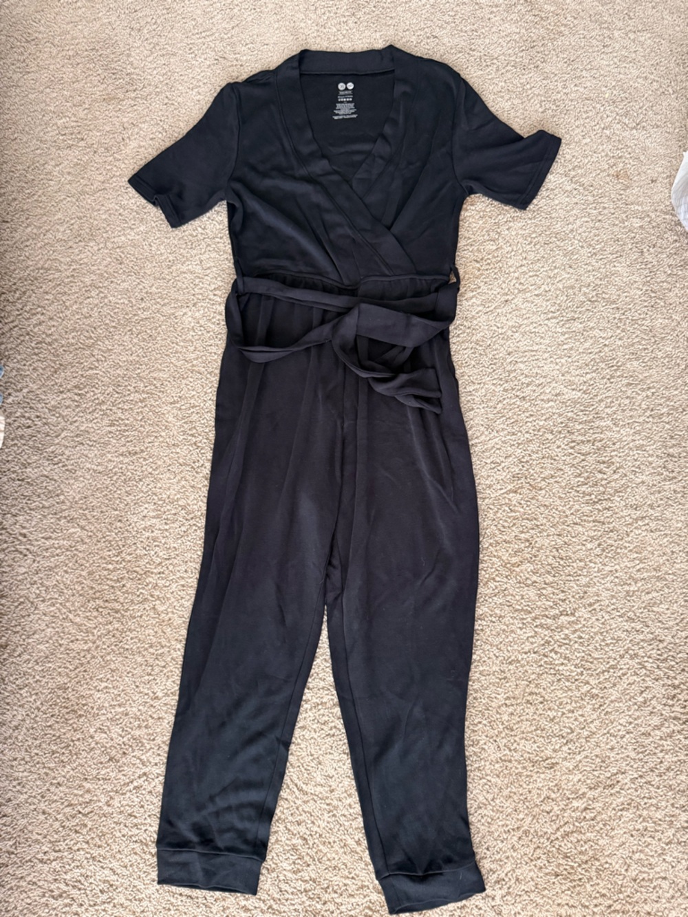 Kindred Bravely Black Short-Sleeve Wrap Jumpsuit with Tie Waist